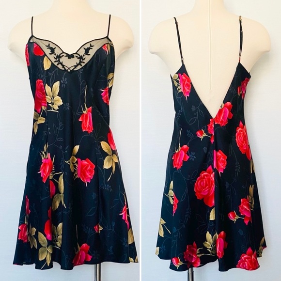 90s Victoria’s Secret Silk Gothic Rose Print Sheer Mesh Chemise Slip Dress L - Picture 1 of 8